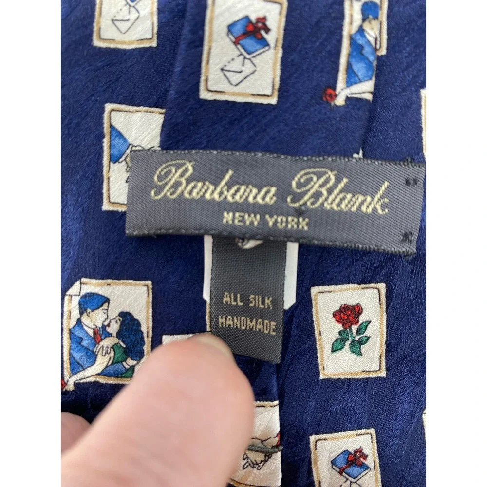 Barbara Blank Neck Tie Mens OS Blue Stamps Vintage 100% Silk Handmade Love Roses